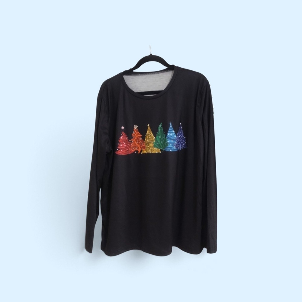 Rainbow Christmas Tree Graphic Long Sleeve Top Black Crewneck 4XL